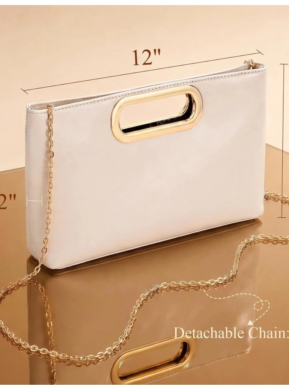 Cream Leather Clutch with Gold Oval Handle